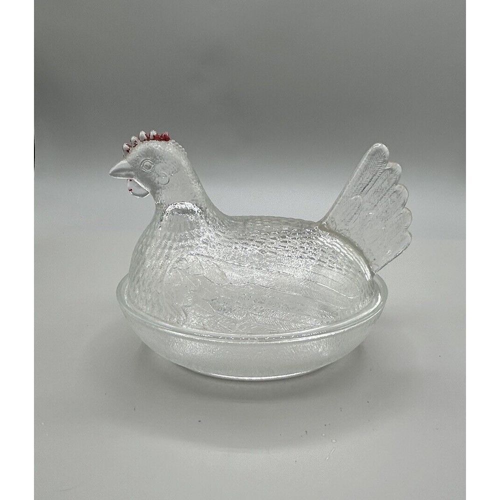 Hen On Nest Indiana Glass Clear Red Comb Chicken  Covered Candy‎ Dish Vintage
